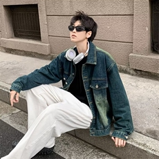 复古短款牛仔外套男美式宽松直筒水洗做旧牛仔夹克，男装夹克，星座410-7