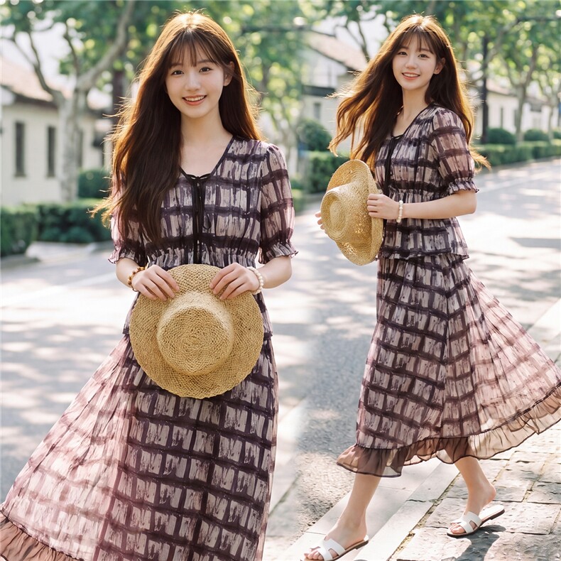 时尚休闲格纹显瘦系带上衣木耳边半裙超仙两件套女,女装套装/套裙,水衣源