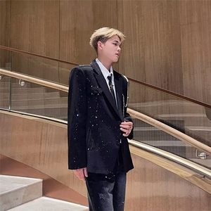 黑色满天星西服男高级感宽松痞帅发型师垫肩西装外套男时尚潮春秋图片
