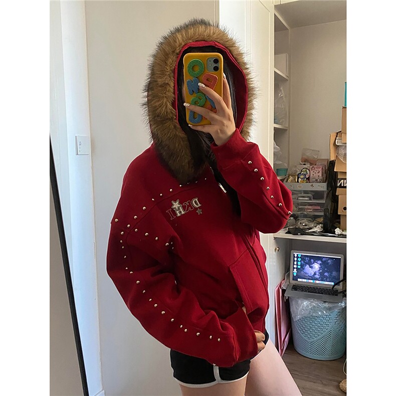 美式复古铆钉毛领连帽开衫外套秋新款拉链上衣,女装短外套,星座1210-1