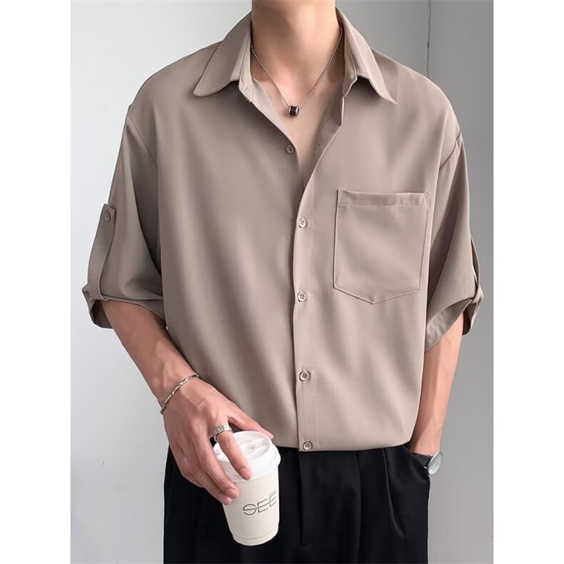 衬衫文艺日系潮流青春流行潮夏季原宿纯色男标准气质七分袖百搭,男装衬衫,星座1013