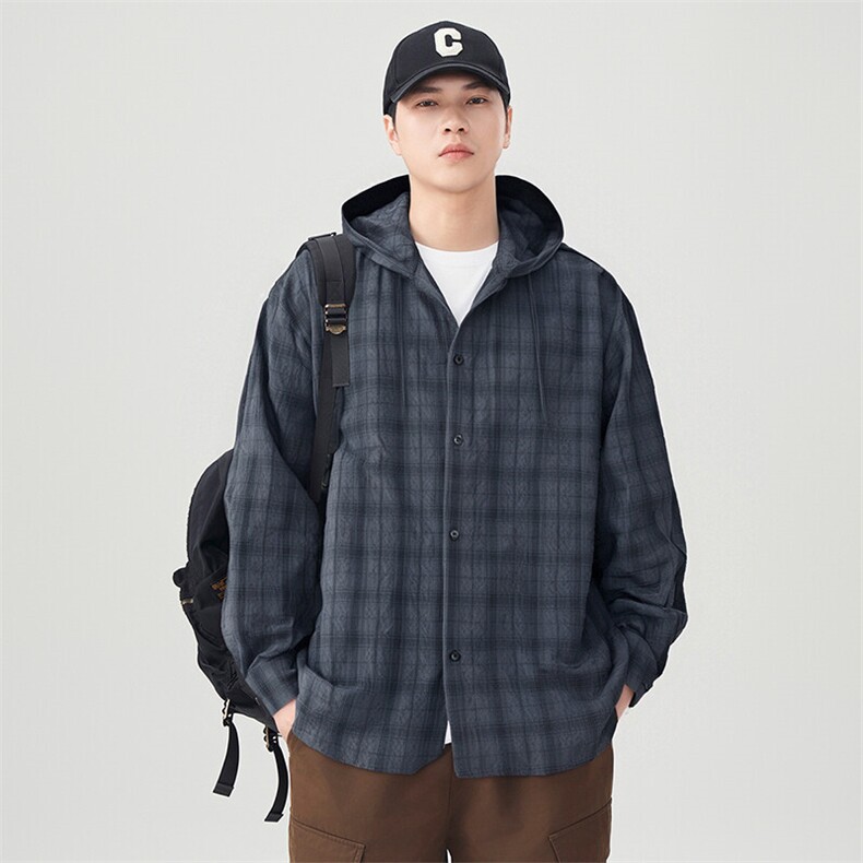 潮流泡泡沙格子衬衫连帽长袖帅气开衬外套DSA157B-CS4508-特P55,男装衬衫,电商A157B