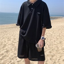 polo衫t恤短袖五分裤ins情侣学生纯色运动两件套装现货T1044-P38，男装T恤，星座512-2
