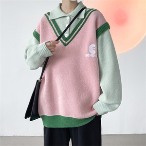 M8166/P75冬季男女BF复古毛衣背心V领垂感背心坎肩情侣装多色毛衣图片