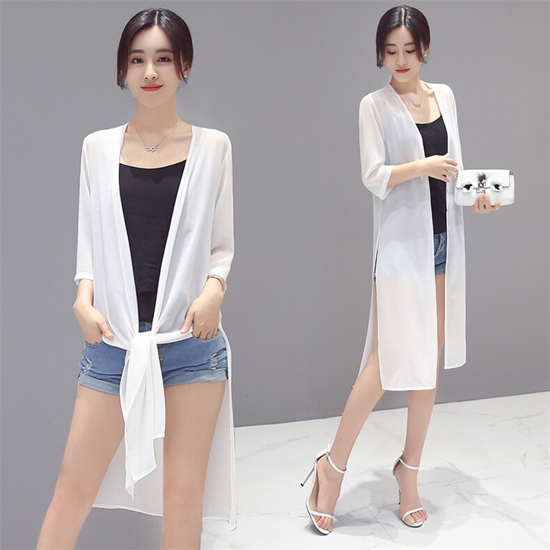 雪纺披肩外套女外搭夏季薄款七分袖宽松短款开衫空调衫防晒衣，女装蕾丝衫/雪纺衫，秀美人生