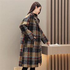 2022年冬季新款复古格纹加厚韩版呢子毛呢双排扣大衣长款外套,女装毛呢外套,霓裳依族