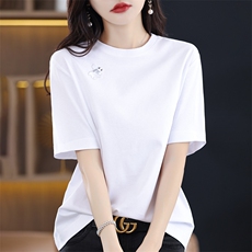 T恤女短袖圆领刺绣丝光棉宽松2025春新款上衣设计感减龄纯棉半袖，女装T恤，暖烁羊绒