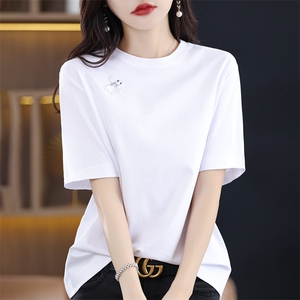 T恤女短袖圆领刺绣丝光棉宽松2025春新款上衣设计感减龄纯棉半袖图片
