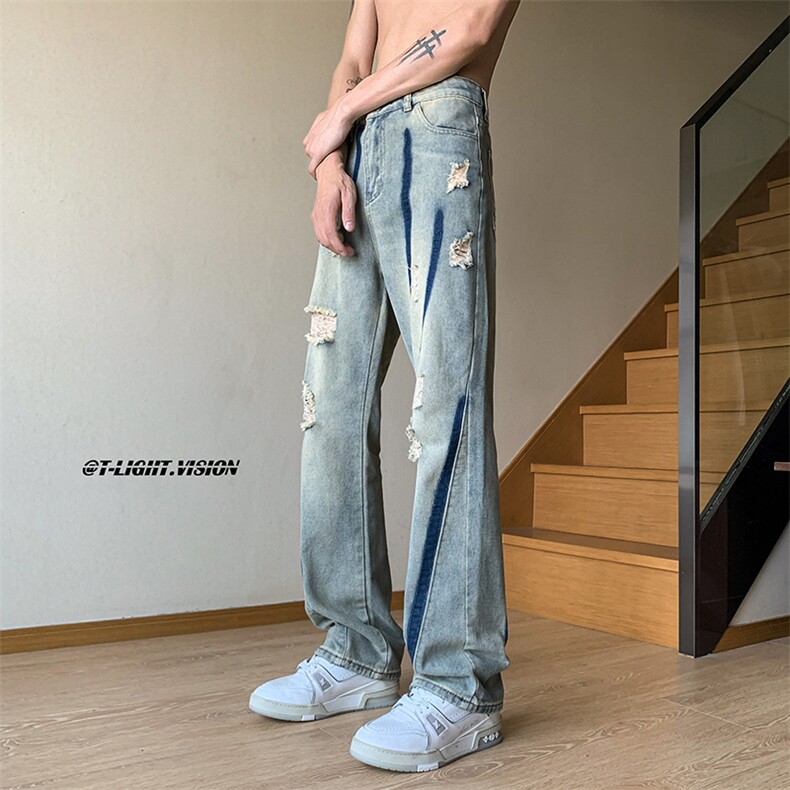 B221美式ins高街小众情侣款破洞微喇牛仔裤LK23001-P65控88,男装牛仔裤,电商B221