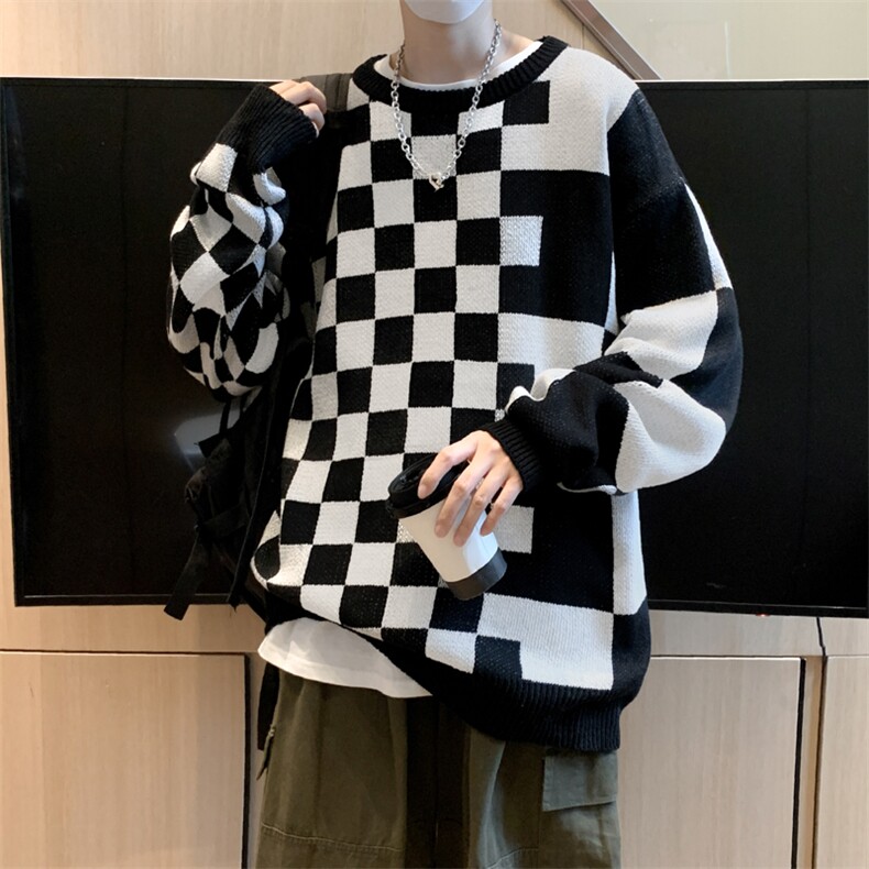 港风秋款男针织衫圆领套头毛衣棋盘格子拼接外套M696P40,男装针织衫/毛衣,星座1013-1