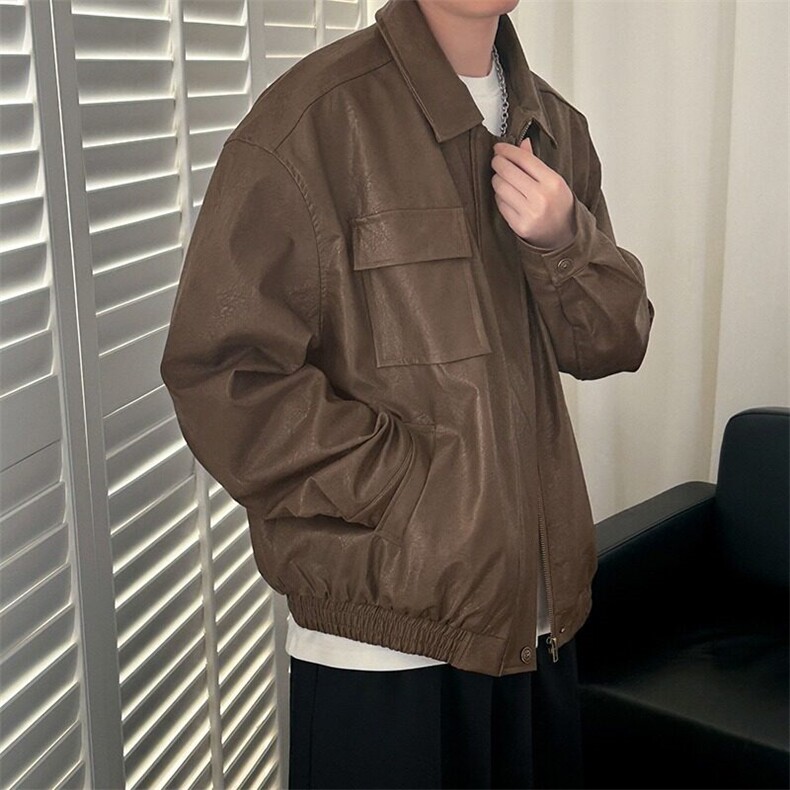 痞帅Pu皮衣小众设计感潮牌双拉链垫肩皮夹克男机车服秋冬高街外套,男装夹克,星座506A