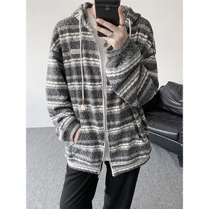 8XL-M 潮情侣美式磨毛编织条纹针织衫卫衣宽松拉链外套WY30P88图片