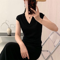 新款纯色双v领小飞袖针织背心时尚百搭，女装针织衫/毛衣，优麦羊绒（原洪叶羊绒）