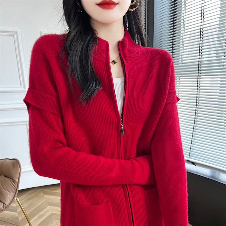中长款拉链开衫针织衫羊毛衫女秋冬2024年新款,女装羊毛衫,哲奥羊绒