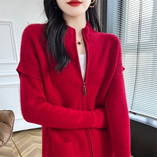 中长款拉链开衫针织衫羊毛衫女秋冬2024年新款，女装羊毛衫，哲奥羊绒