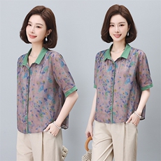 夏季冰丝棉麻女夏装2024新款妈妈洋气时尚休闲亚麻，女装蕾丝衫/雪纺衫，依恋蒂丝