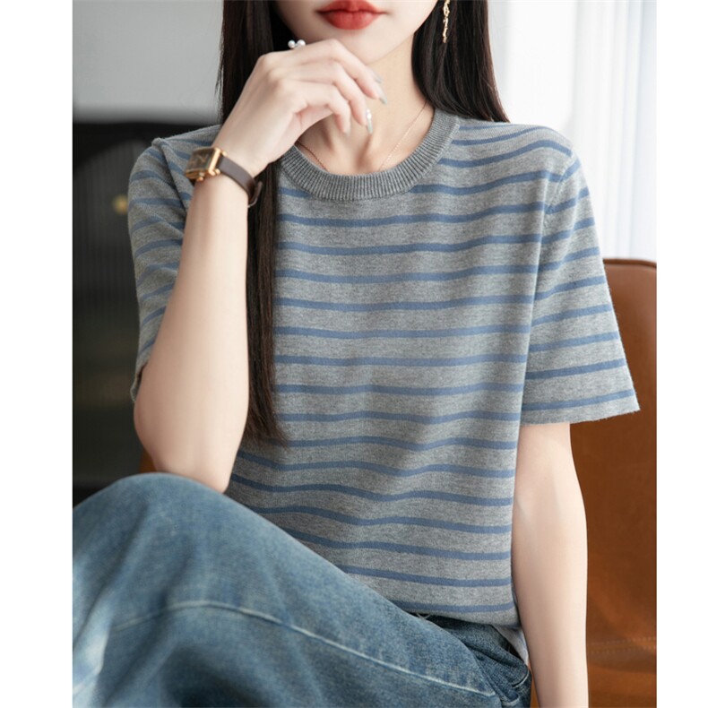 条纹圆领纯棉针织短袖T恤女2025夏宽松背心半袖百搭小衫打底上衣,女装T恤,秋双羊绒