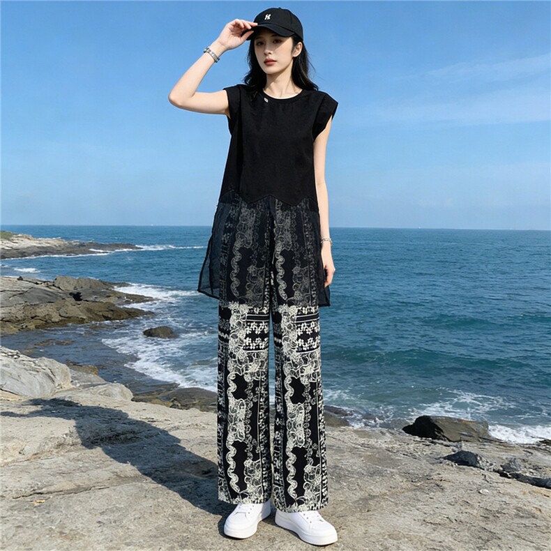 慵懒风减龄时尚套装女夏新款遮肚显瘦无袖网纱拼接上衣长裤两件套,女装套装/套裙,江南