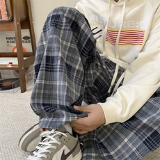 撞色格子裤子男秋季垂感美式复古软糯慵懒风直筒拖地阔腿休闲长裤，男装卫衣，电商D205