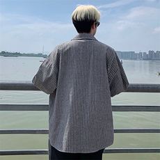 衬衫男春季新款港风宽松大码立体口袋纯棉条纹长袖衬衣CS3099-P42，男装衬衫，星座214-3