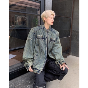 美式复古做旧水洗垫肩短款拼接牛仔外套无领夹克男JK8348/P80图片