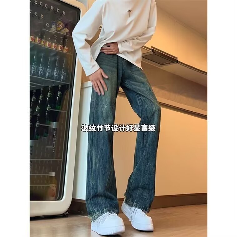 美式高街vibe裤子复古闪电纹牛仔裤男款夏季高级感微喇直筒裤新款,男装牛仔裤,星座506A