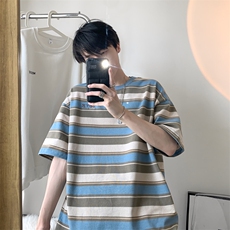 夏季潮牌百搭宽松短袖2024新款撞色彩虹条纹t恤男现货T1755-P38，男装T恤，星座512-4