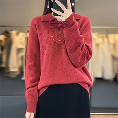 毛衣女新款2024秋冬套头翻领盘扣宽松慵懒针织上衣，女装羊毛衫，江南羊绒