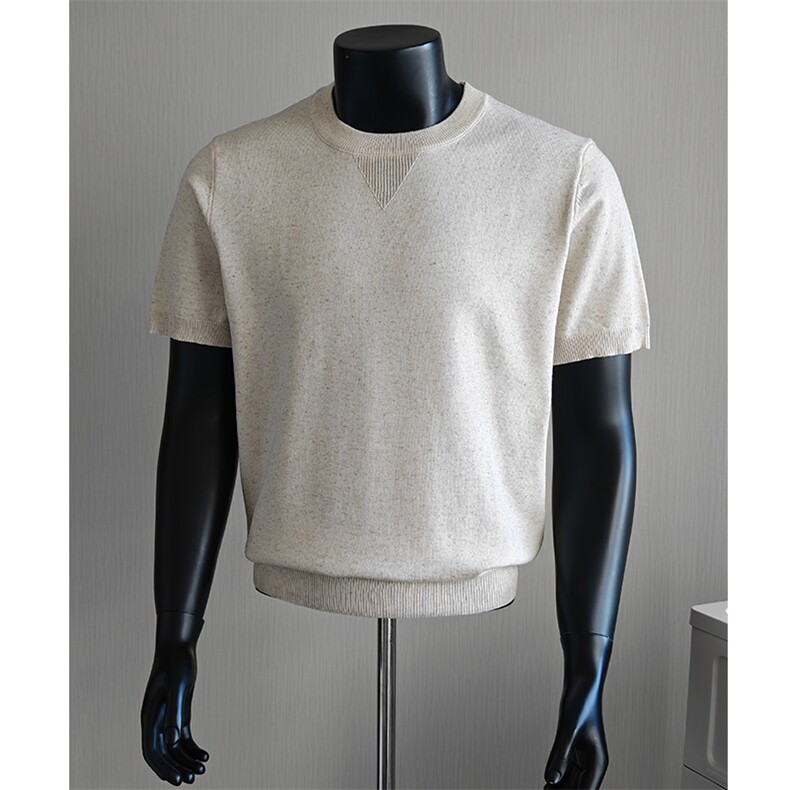 盗图老钱风设计感冰丝圆领针织短袖T恤打底衫E77136/P55控78，男装T恤，电商A243