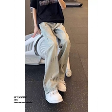 复古泼墨扎染猫爪痕牛仔裤男款2025水洗小众裤子宽松直筒A388-P65，男装牛仔裤，星座310A-4