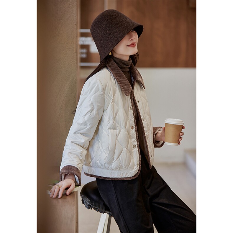 撞色翻领轻薄菱格短款羽绒服女2025冬季新款气质小香风白鸭绒外套,女装羽绒服,蝶眷