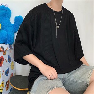 夏季冰丝短袖t恤男港风潮流宽松百搭半袖休闲圆领五分袖T063-P25图片