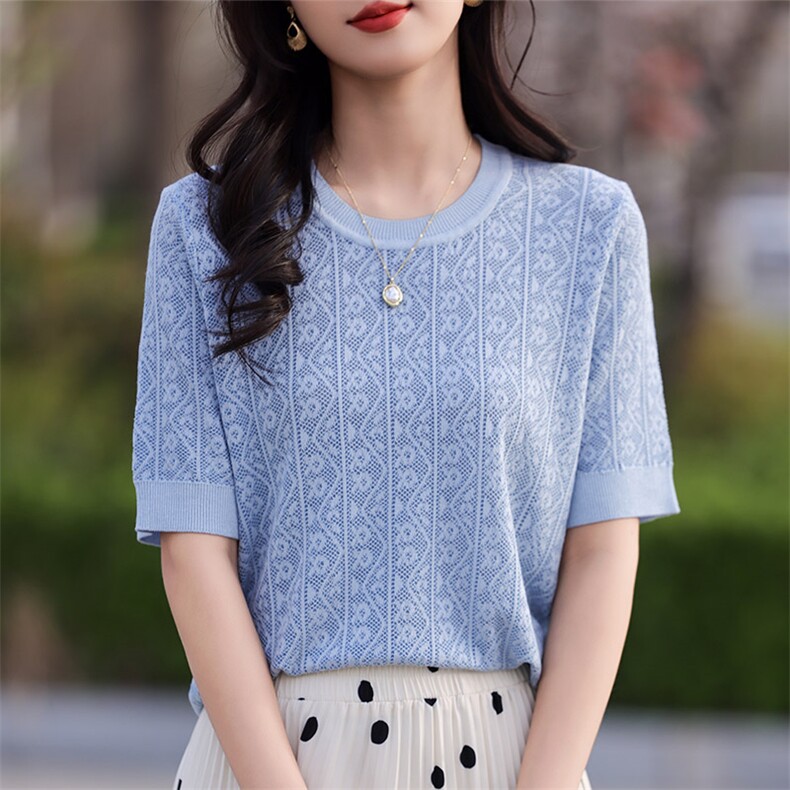 夏季新款时尚气质百搭简约女士圆领镂空提花短袖图片
