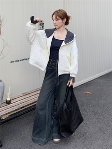 米白色韩系格子拼接棉服外套女冬季2025新款气质减龄棉衣爆款棉袄图片