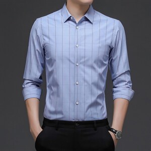 2023新款春秋季男士长袖衬衫商务休闲宽松上衣服中年爸爸装衬衣图片