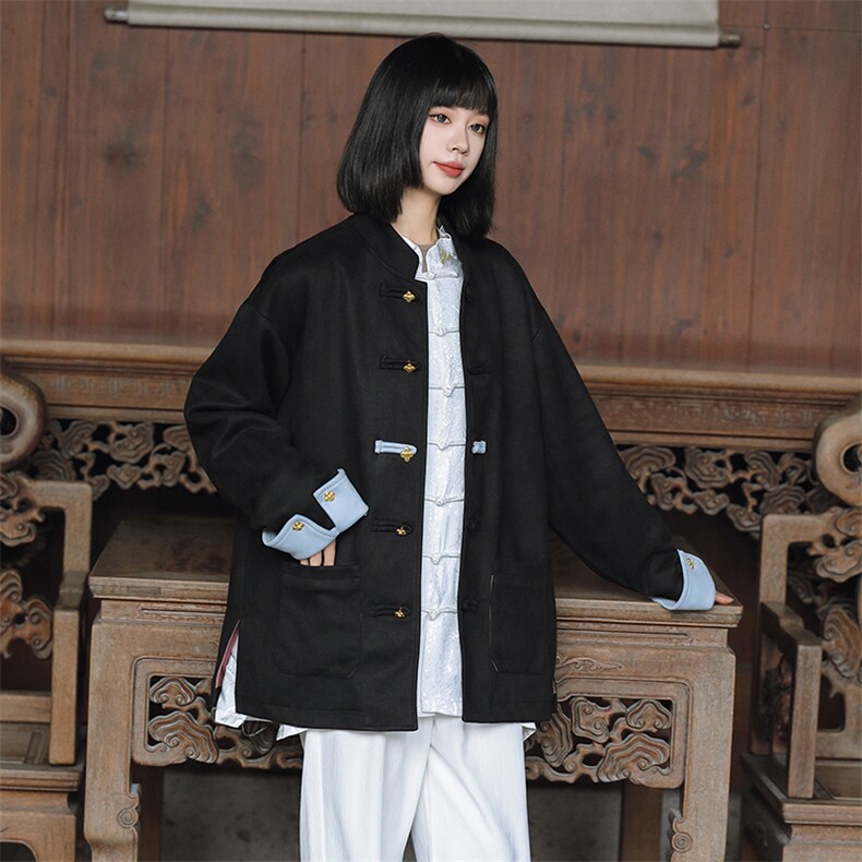 秋冬新品新中式鹿皮绒拼色四叶草金属扣立领唐装加厚外套JK109，男装民族服装，星座305A（原312A-1）