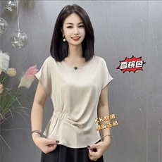 真丝缎面侧收腰小衫，女装T恤，思沃羊绒
