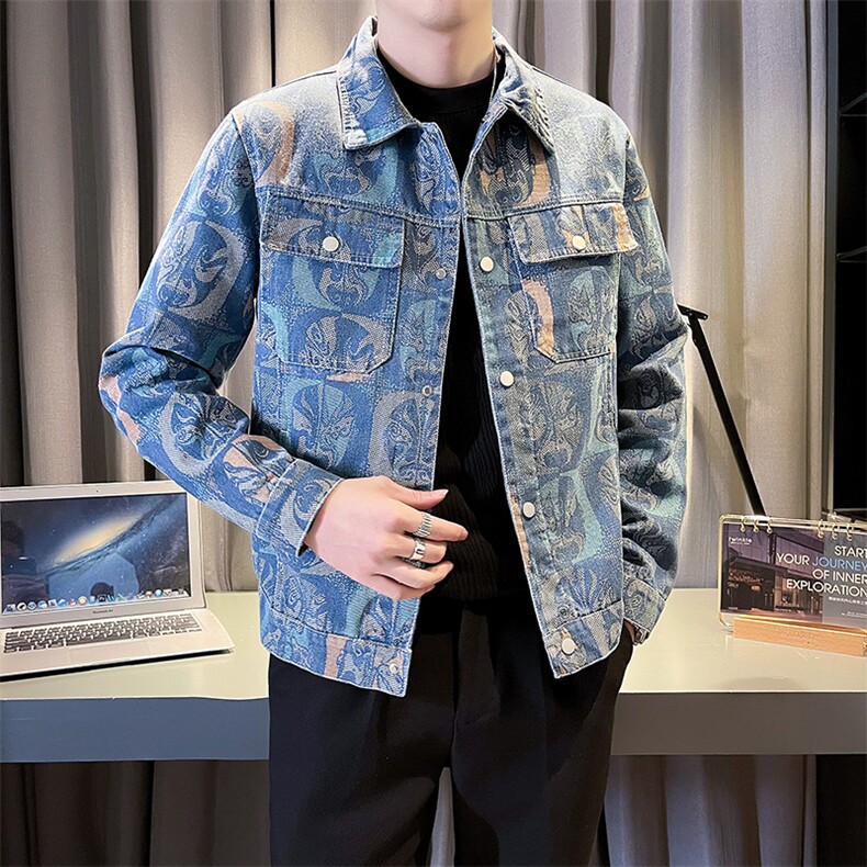 痞帅小伙2025春季新款个性提花印花图案水洗男士牛仔夹克外套,男装夹克,电商A225