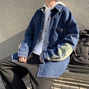 港风秋冬牛仔夹克迷彩拼接潮宽松休闲外套J图片