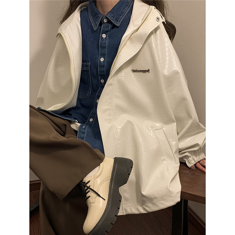 中性连帽鳄鱼纹PU皮衣大码情侣休闲冲锋衣夹克男JK8744P90控128，女装短外套，星座226-2