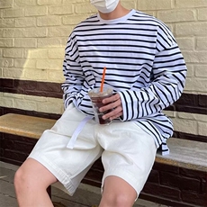 条纹上衣男士长袖t恤春夏季百搭休闲衣服男生潮流圆领修身打底衫，男装T恤，星座506A