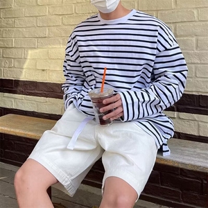 条纹上衣男士长袖t恤春夏季百搭休闲衣服男生潮流圆领修身打底衫图片