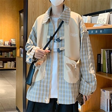 假两件外套男春秋韩版宽松夹克百搭港风ins情侣格子衬衫W3504-P55，男装夹克，星座512-2