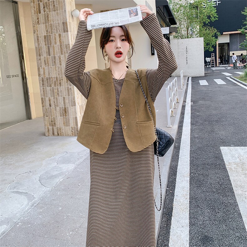 韩系马甲条纹连衣裙套装连衣裙女2025年秋季新款盐系减龄两件套潮,女装套装/套裙,维壹