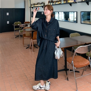 深蓝色挺括牛仔衬衫半身裙套装女2025新款秋季气质韩版淡人两件套图片