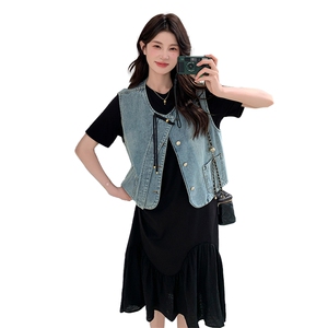时尚国风气质牛仔马甲套装女2025夏季新款宽松显瘦T恤长裙两件套图片