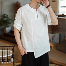 风夏 盘扣宽松短袖休闲T恤男汉服大码七分袖上衣男 M139 P40图片