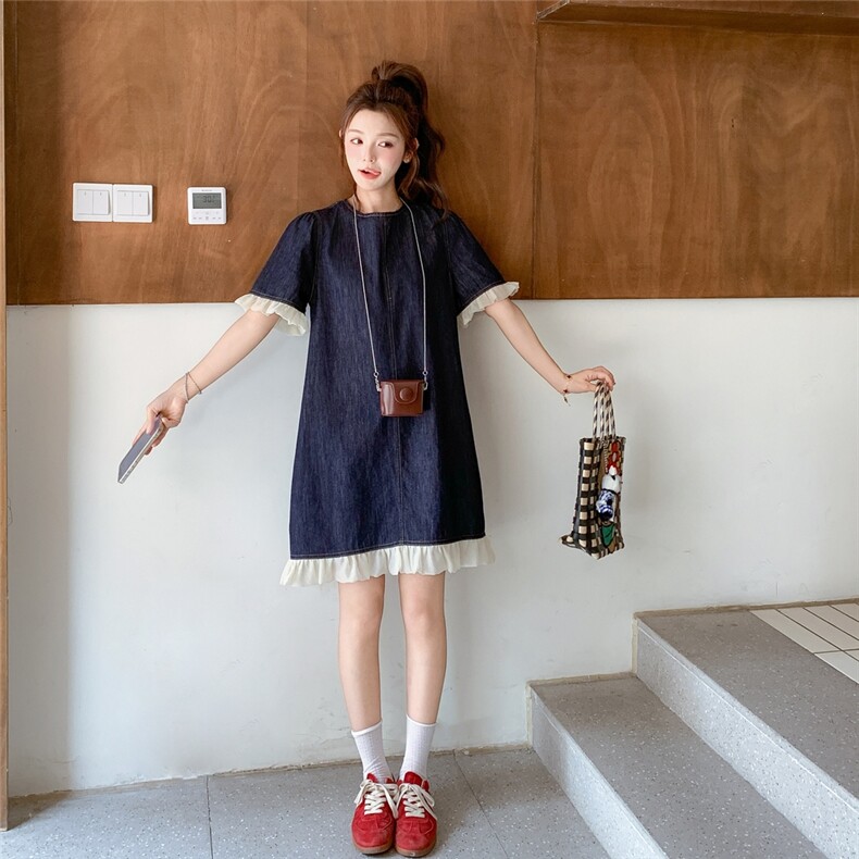 小个子设计感木耳边拼接牛仔连衣裙女夏季新款休闲显瘦轻薄裙子,女装连衣裙,2C323