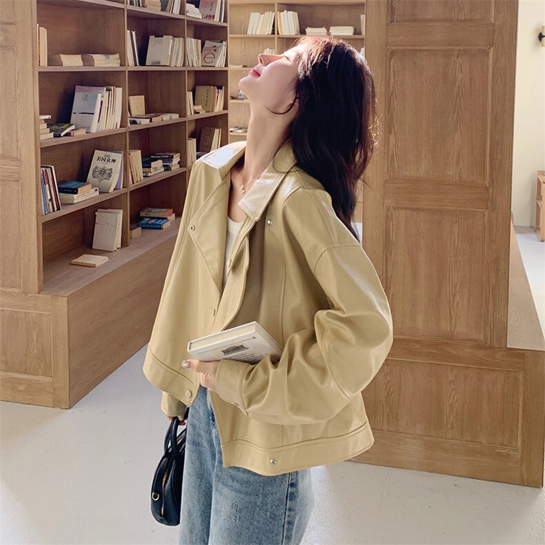 2025年春季新款黄色皮衣外套女百搭港风复古小个子机车服夹克上衣,女装皮衣,2C198