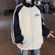 外套男潮牌三杠条纹撞色插肩袖休闲学院风运动夹克衫W6479-P58，男装夹克，星座412-3